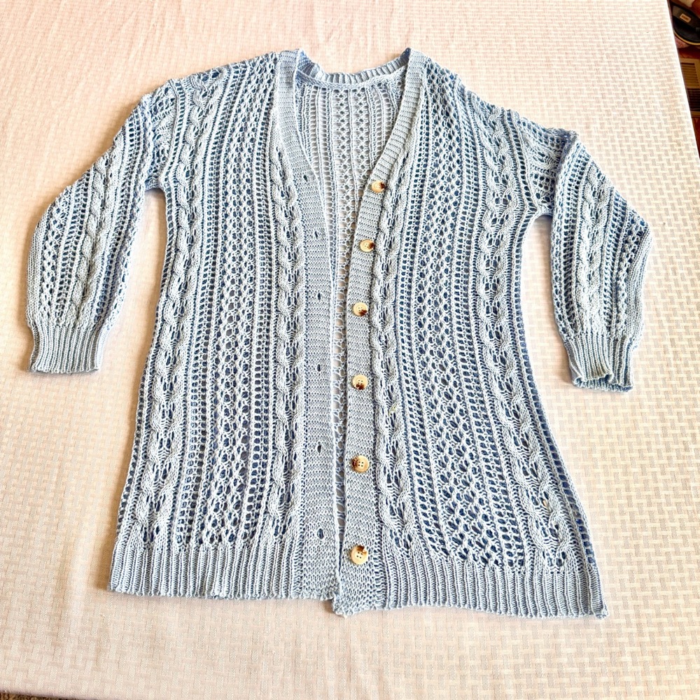 Boho Crochet Knit Cardigan‎ Sweater Light Blue Longline Button Front Size M